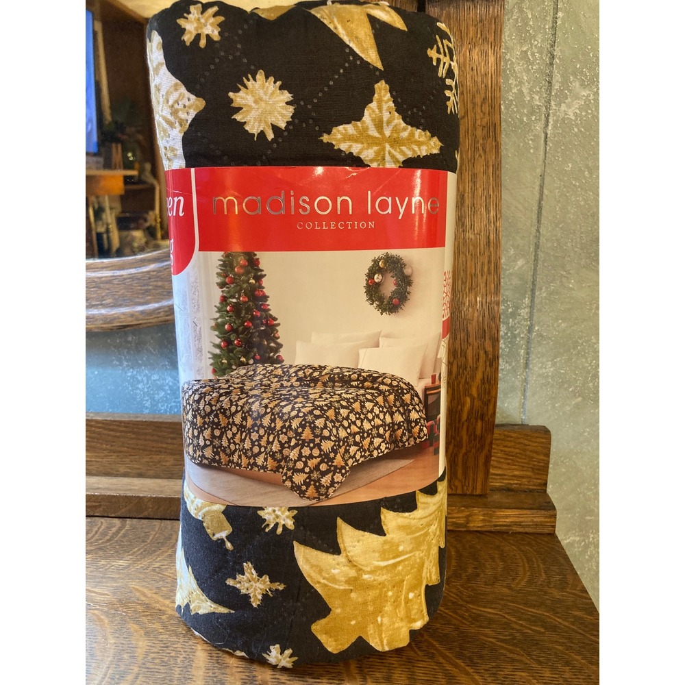 Madison Layne Holiday Sparkle Queen Quilt Black Gold Christmas Tree Snowflake
